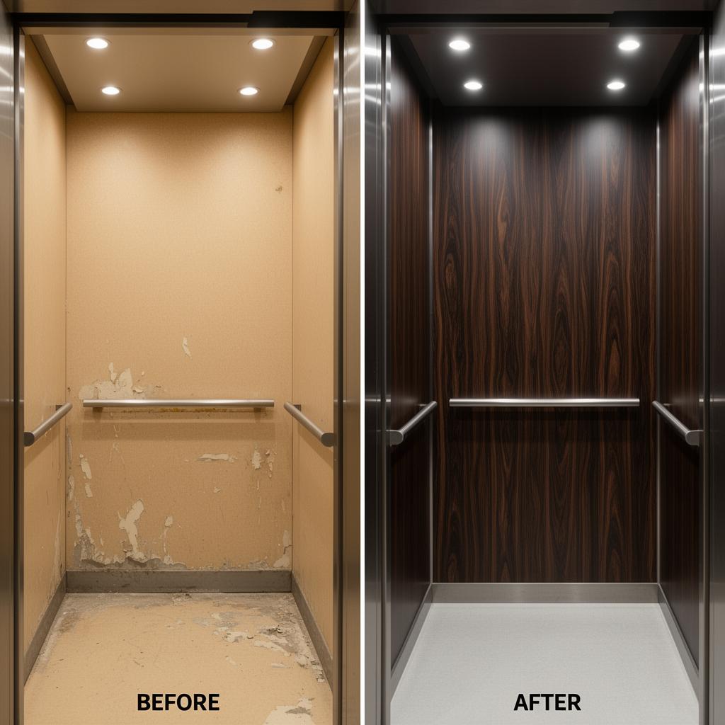 Before and after elevator cab renovation with 3M DI-NOC architectural film - worn beige cab transformed to elegant wood grain finish