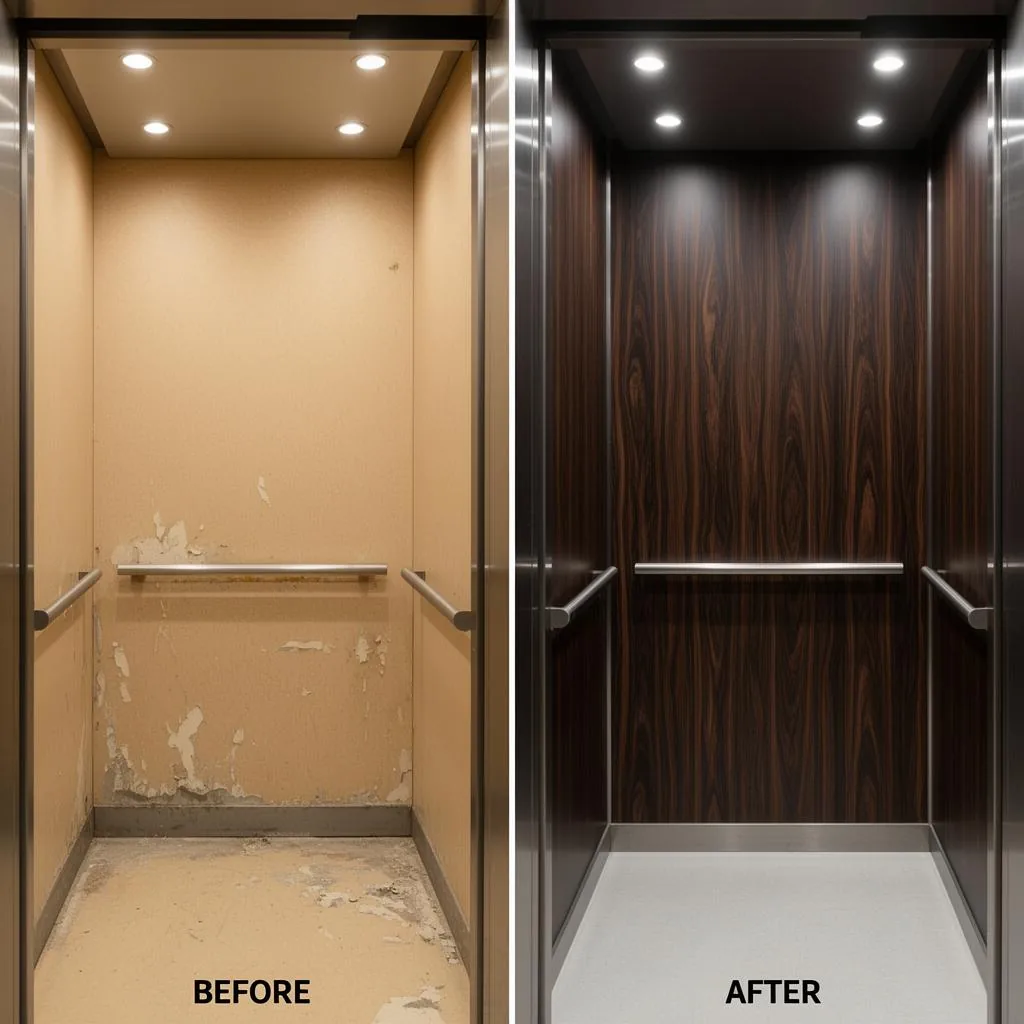 Before and after elevator cab renovation with 3M DI-NOC architectural film - worn beige cab transformed to elegant wood grain finish