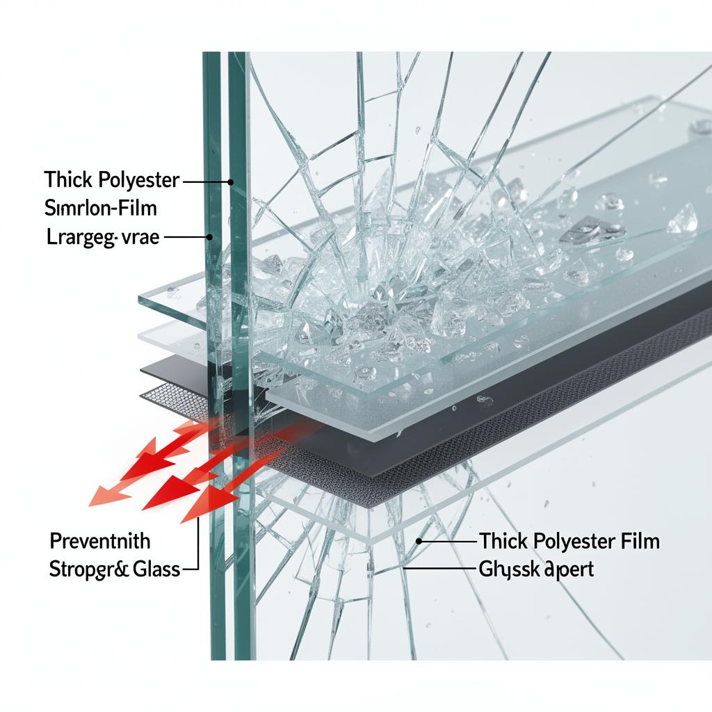 Cross-section diagram showing security window film layers holding shattered glass fragments together