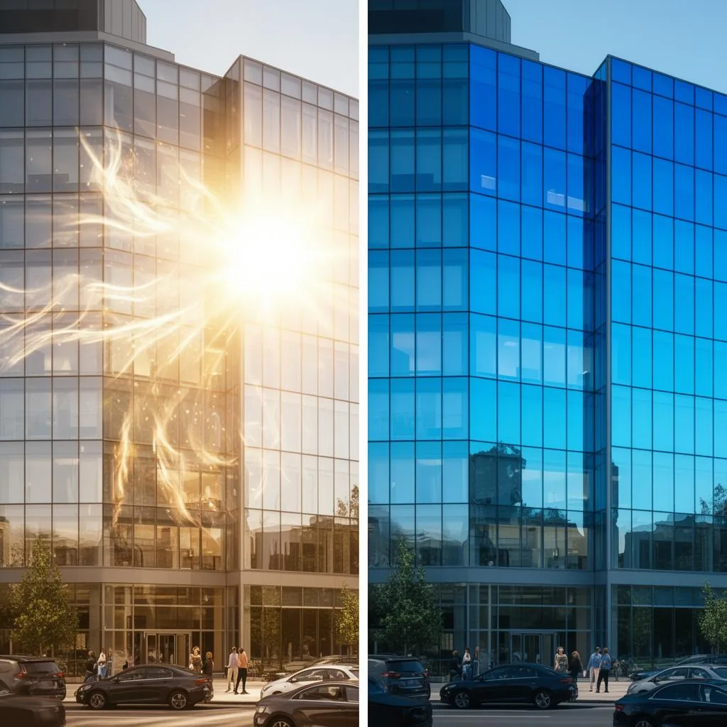 Before and after comparison of commercial office building with solar control window film — left shows intense sun glare, right shows controlled tinted glass