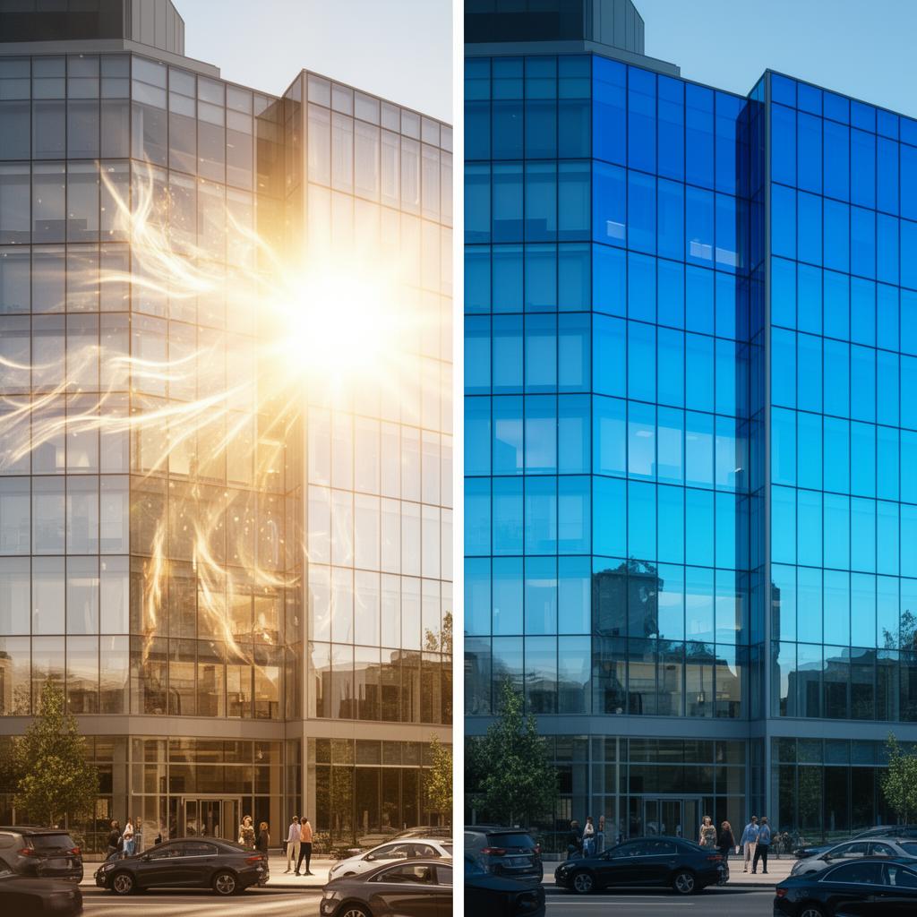 Before and after comparison of commercial office building with solar control window film — left shows intense sun glare, right shows controlled tinted glass