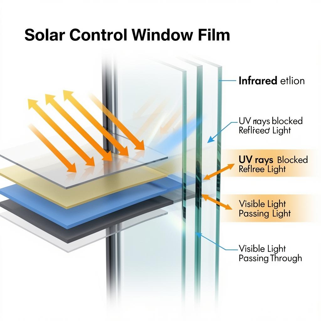Diagram showing how solar control window film blocks infrared heat and UV rays while allowing visible light through glass