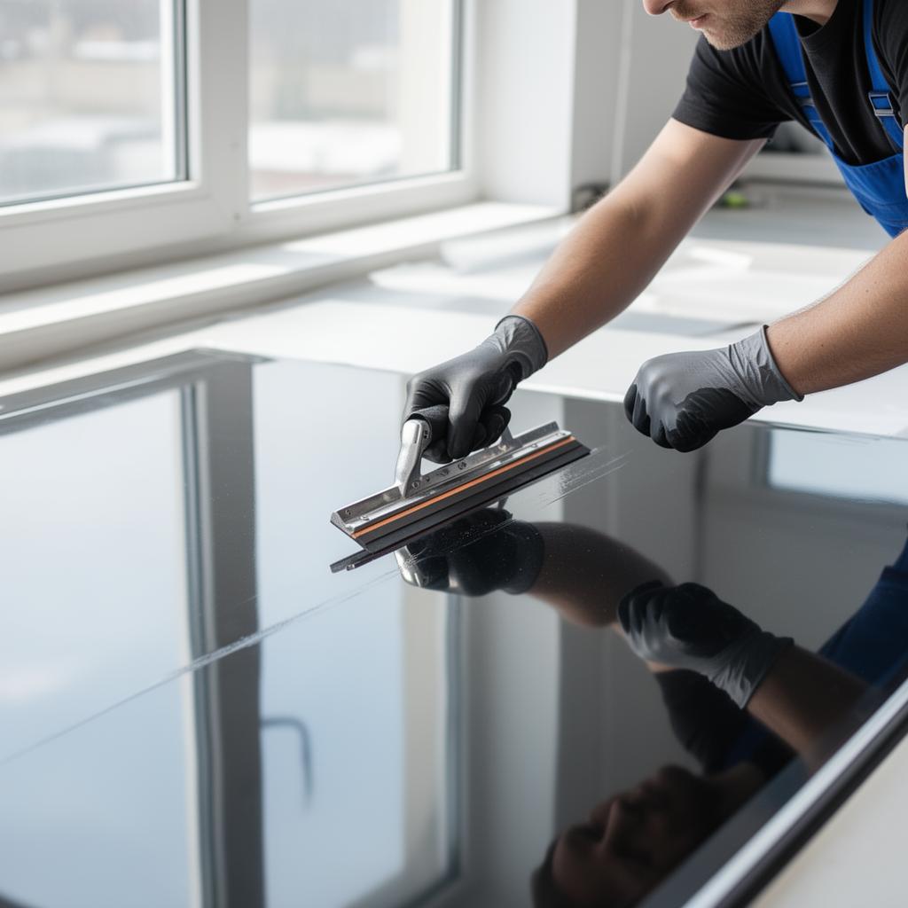 Professional window film installer applying ceramic solar control film with squeegee tool
