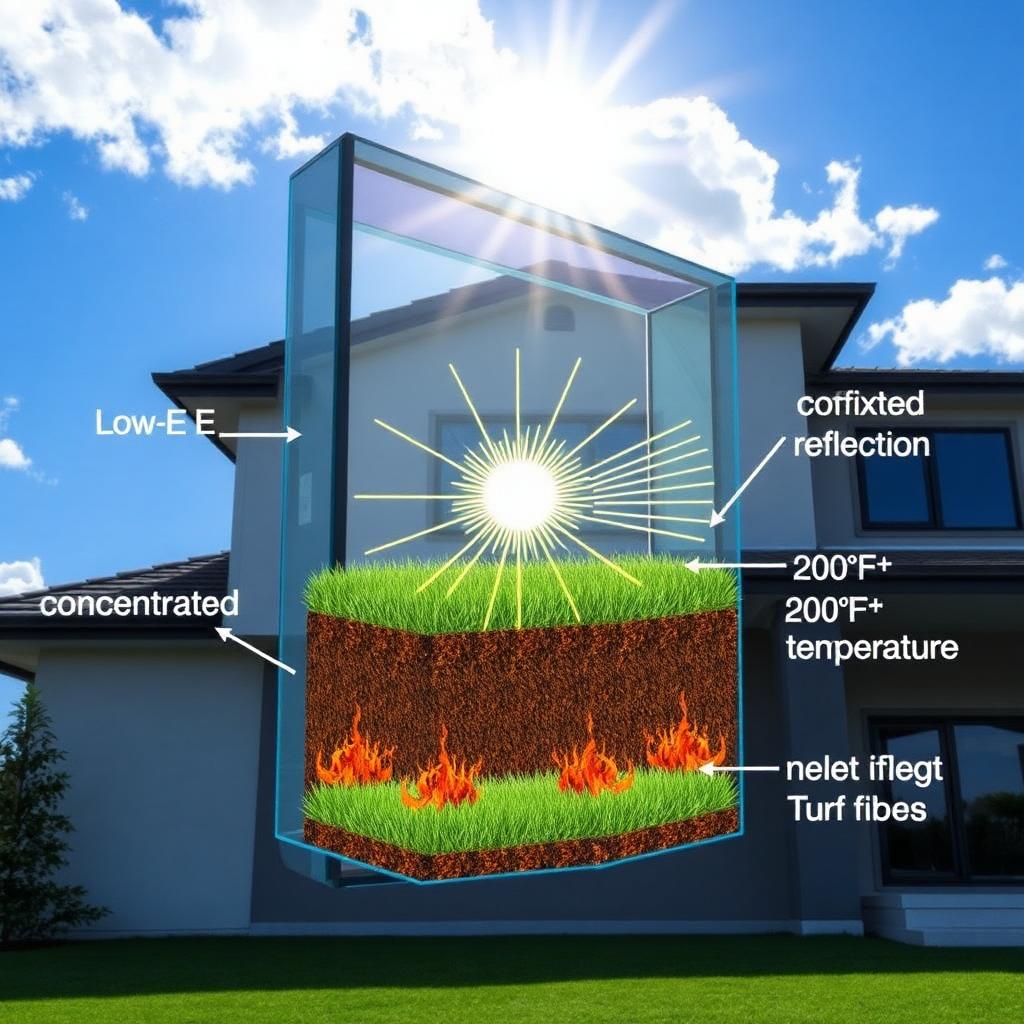 Low-E window reflection melting artificial turf in Orange County
