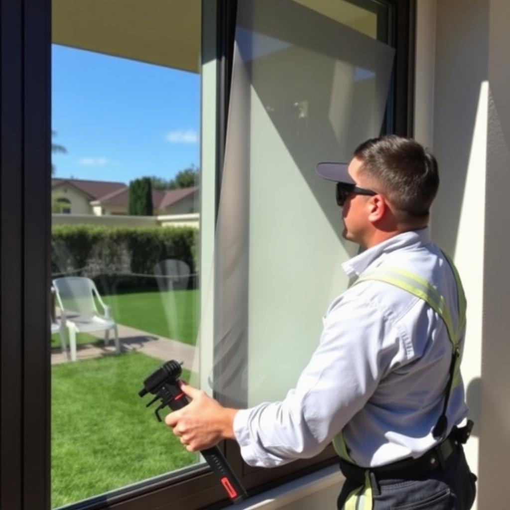 Installer applying turf protection window film in Orange County